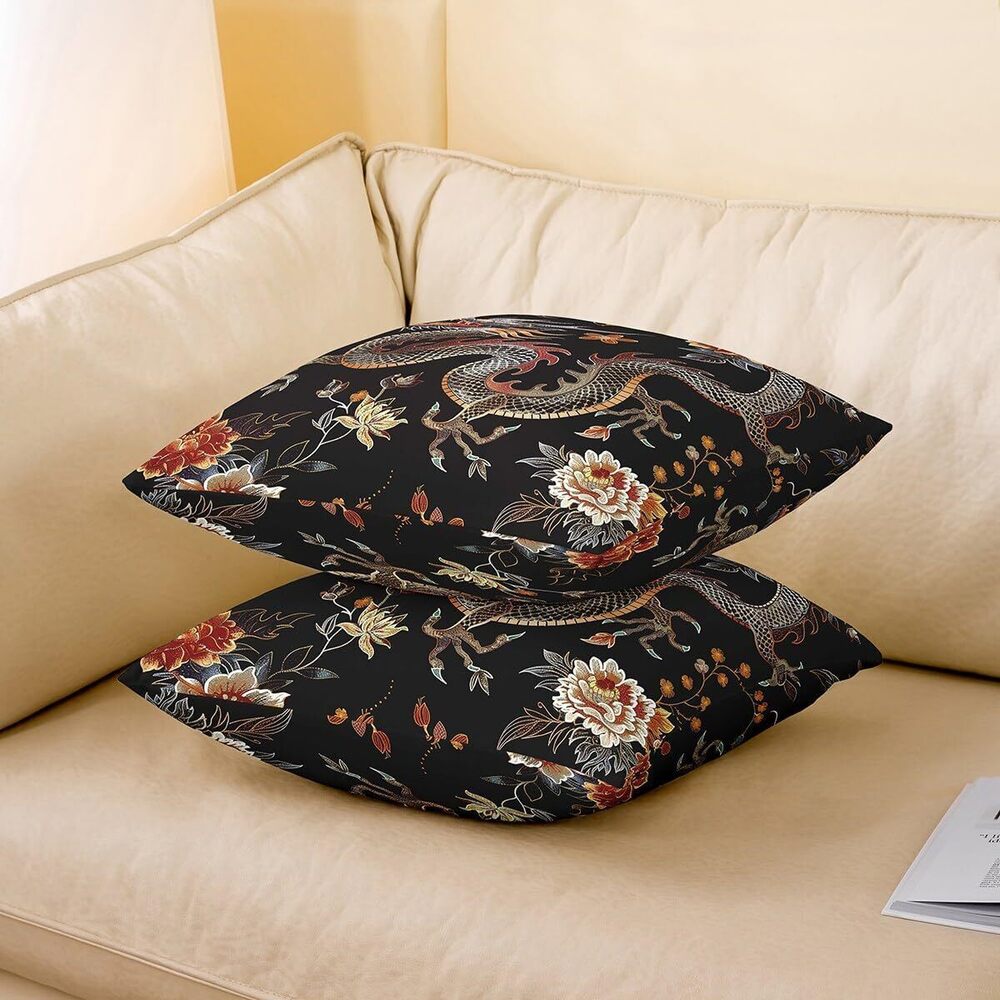 1151 Set of 4 Dragon Throw Pillow Covers,Traditional Exotic Dragon Print - Picture 4 of 7